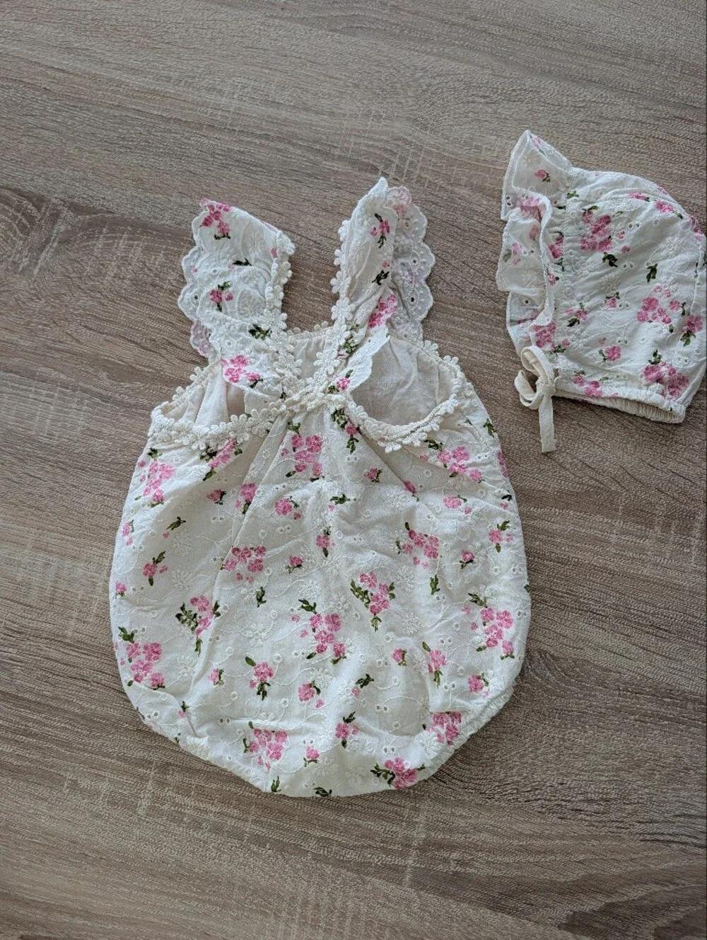 Zara Floral Eyelet Romper With Bonnet